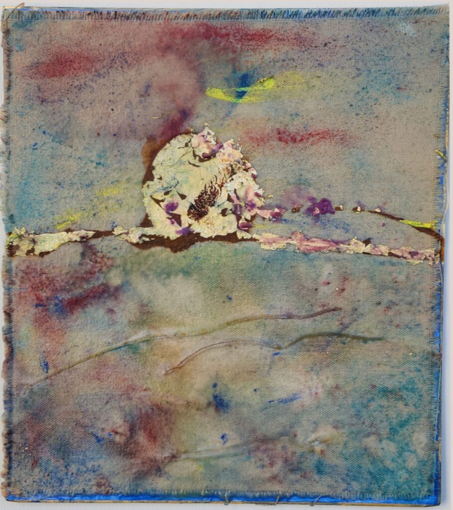 Title: Dawn of Peace. Encaustic and gold leaf on canvas size approximately 10.5 x 10"