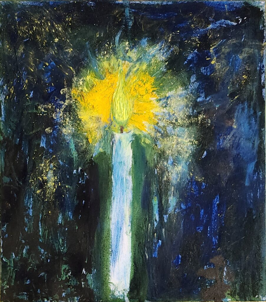 My submission to the 2026 Nagasaki show. Pastel and acrylic. "It's better to light a slngle candle than to curse the darkness."